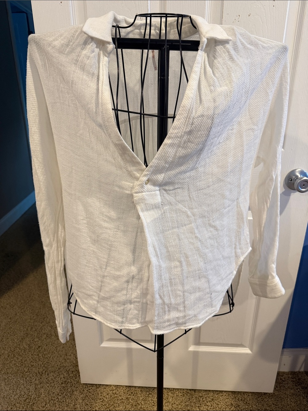 Free People White Cotton Long-Sleeve Textured V-Neck Women's Top Medium